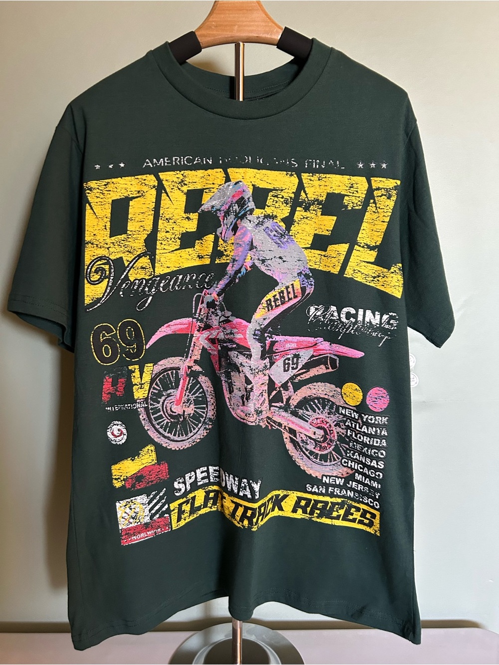 Rebel Vengeance Men's Graphic Tee - Dark Green with Yellow & Pink Print Size L